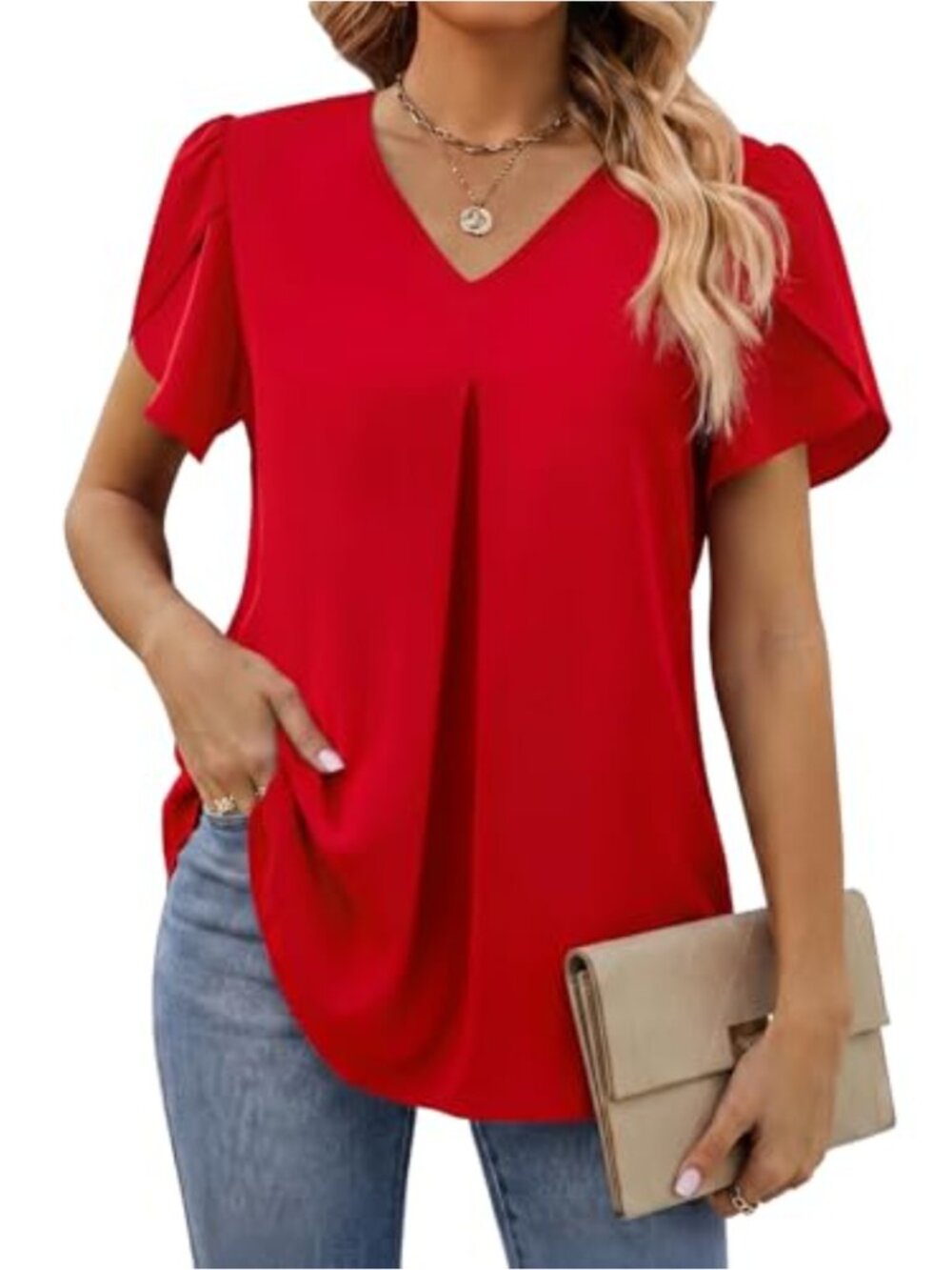 Women's Chiffon V-Neck Tulip Sleeve Tunic Blouse Summer Work Top